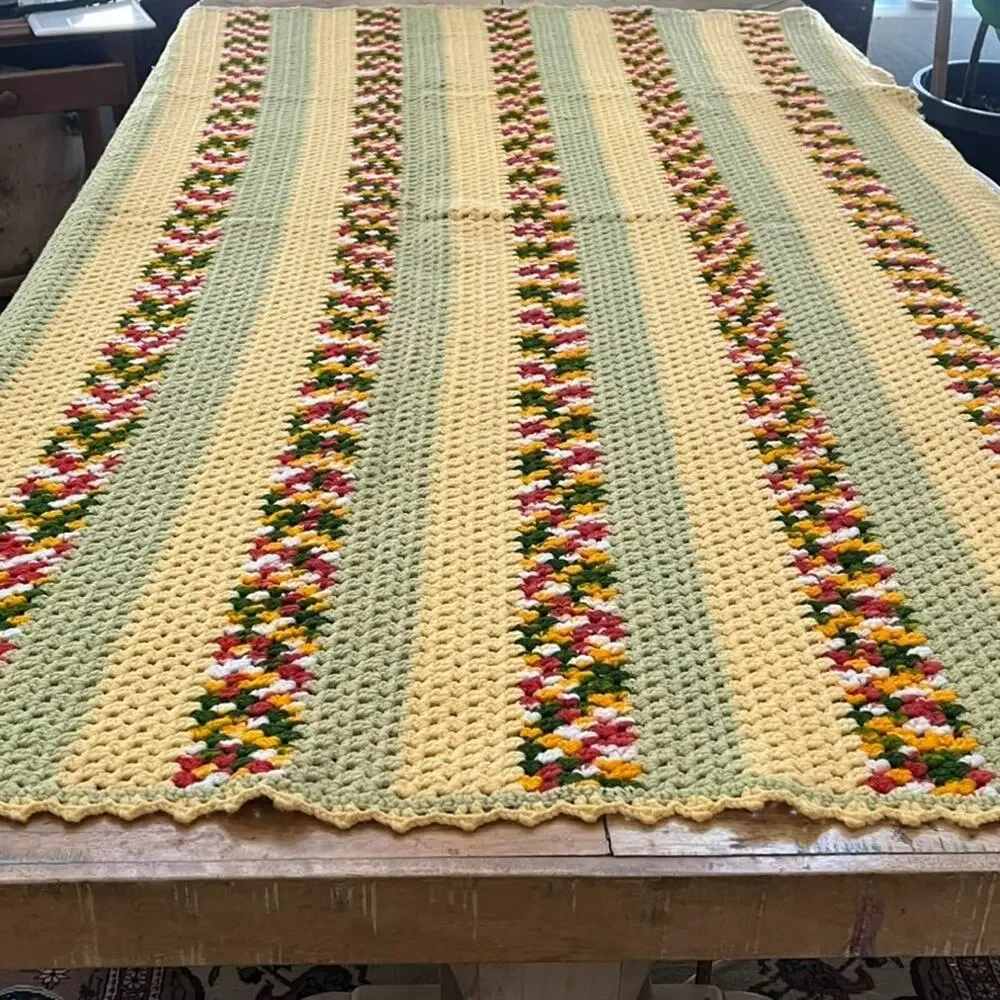 Crochet Handmade Afghan Blanket 55in x 78in Yellow Multicolor Striped